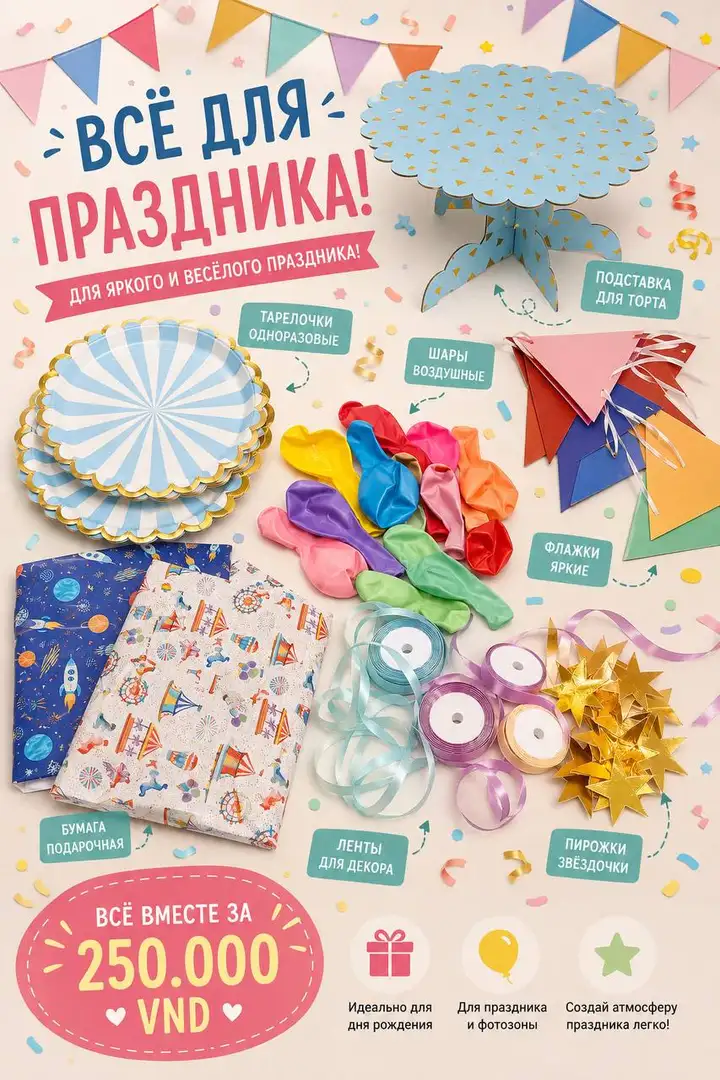 Набор для праздника (подставка для торта, тарелочки, ленточки, флажки, звёздочки, упаковочная бумага, шары)