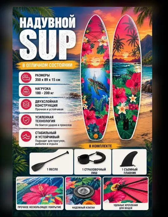 Комплект SUP: рюкзак, насос, весло, лиш, плавник, ремкомплект