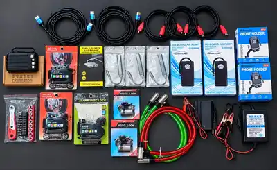HDMI кабели, переходники Type-C, замки, держатель, компрессор, power bank, набор инструментов