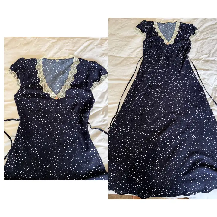 Синее длинное платье в горошек, туника, брюки-Аладины, корсет, футболка, рубашка, платье, пиджак, серьги