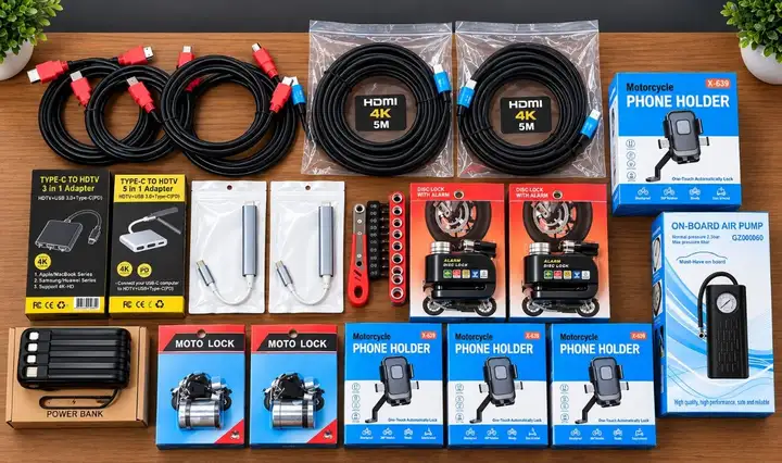 HDMI кабели, переходники Type-C, замки, держатели, компрессор, power bank, набор инструментов
