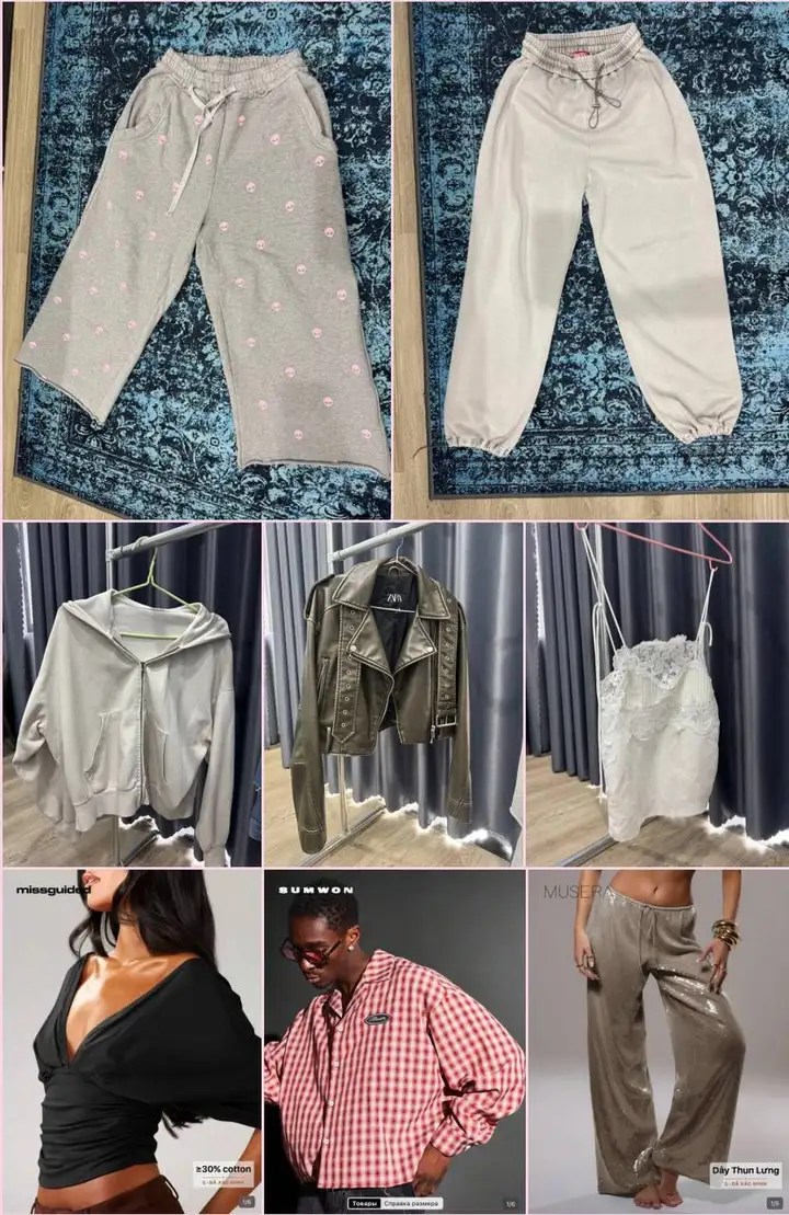 Черные брюки под кожу, Голубые джинсы Zara, Серые джоггеры с принтом, Молочные джоггеры diesel, Молочное худи на молнии, Кожаная косуха Zara, Белый кружевной топ H&M, Черный топ Missguided, Красная рубашка SUMWON