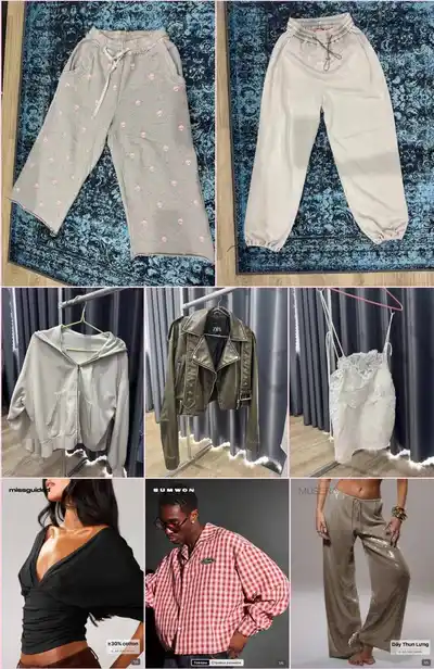 Черные брюки под кожу, Голубые джинсы Zara, Серые джоггеры с принтом, Молочные джоггеры diesel, Молочное худи на молнии, Кожаная косуха Zara, Белый кружевной топ H&M, Черный топ Missguided, Красная рубашка SUMWON