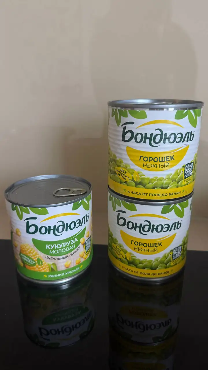 Бондюэль горошек, кукуруза, сайра, лепешки Mission