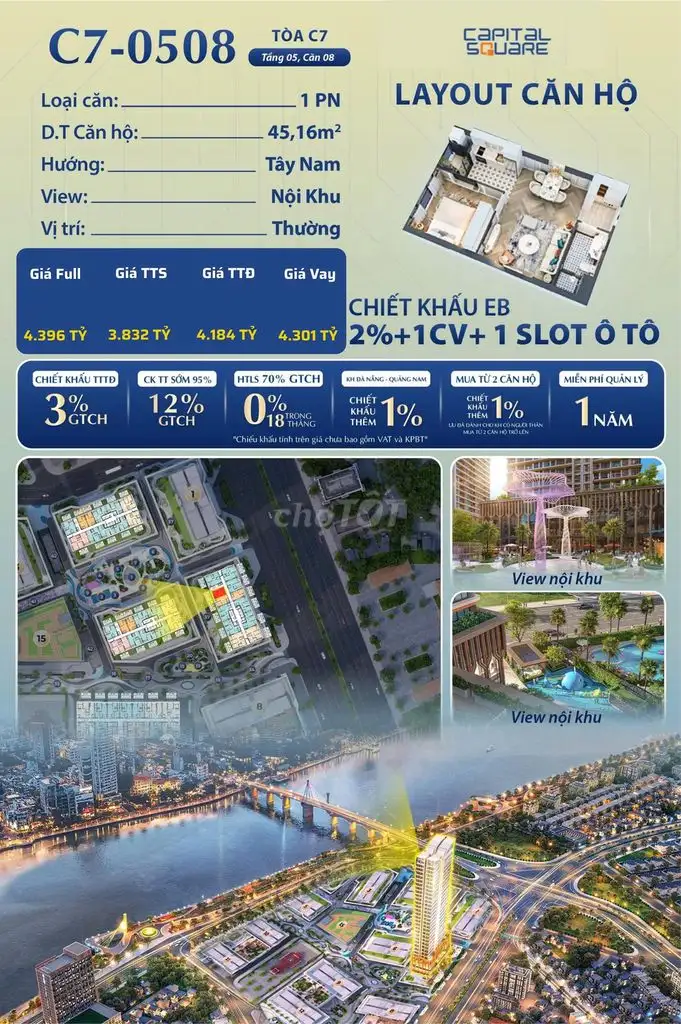 1-комн. квартира 45,16 м² от 3,832 млрд донгов рядом с рекой Хан - Capital Square