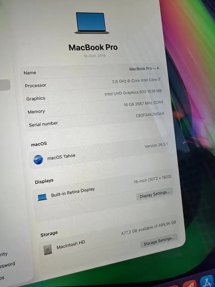 MacBook Pro i7 16" (2019) SSD 512GB RAM 16GB